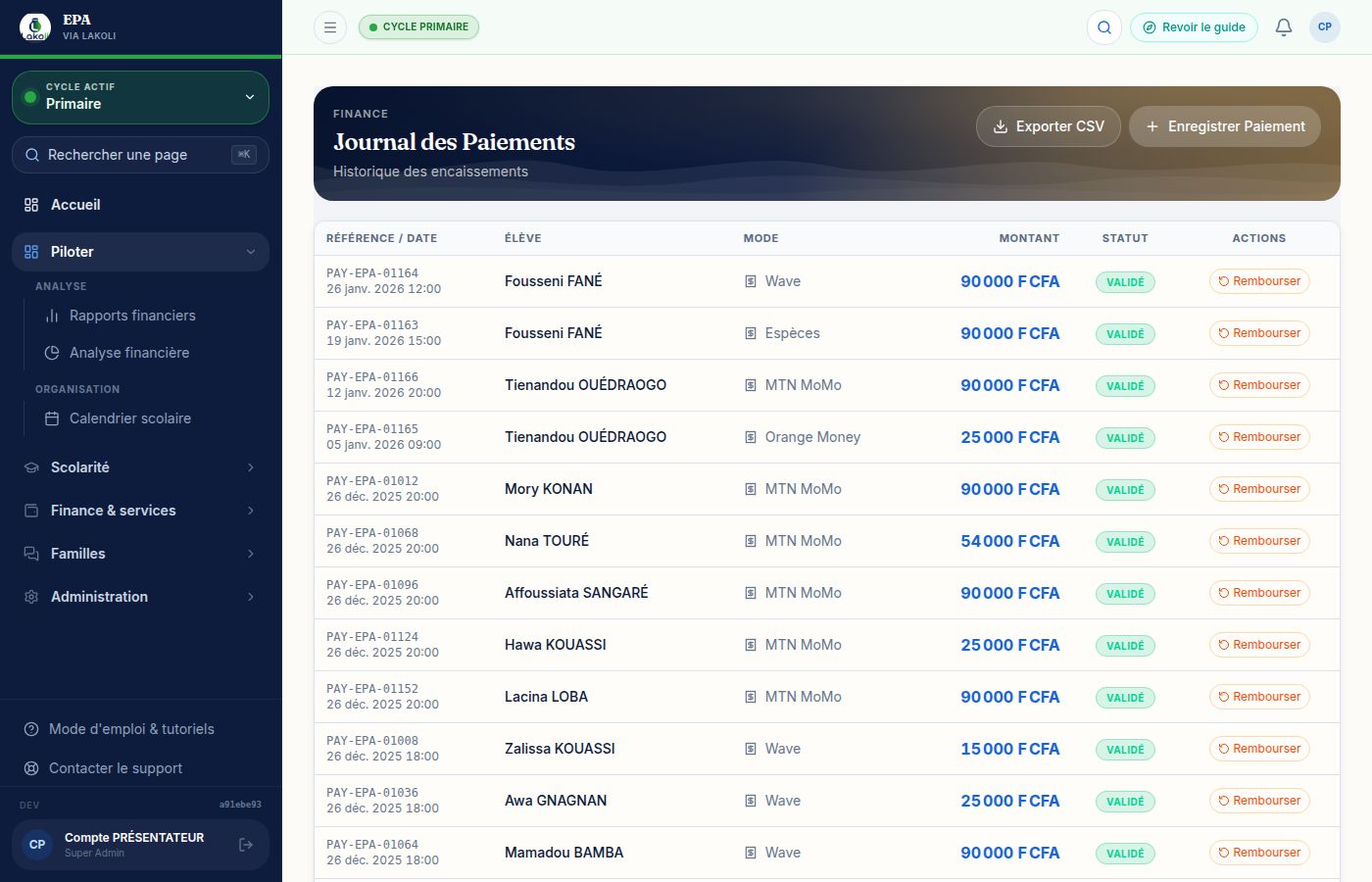 Interface Lakoli — Historique des encaissements avec Wave, Espèces, MTN MoMo, Orange Money