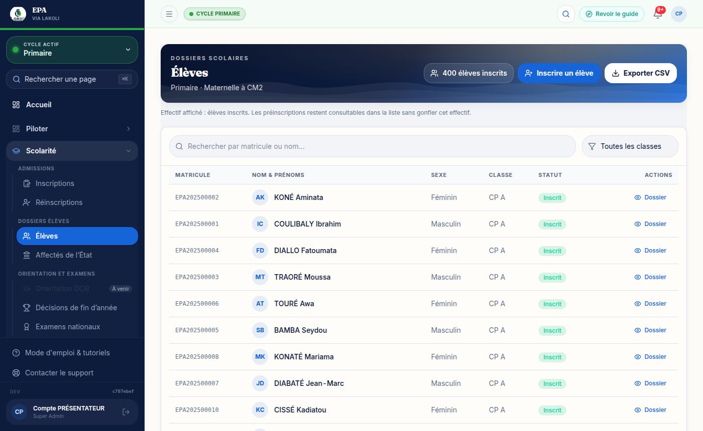 Interface Lakoli — Liste des élèves avec statuts préinscrit et inscrit, filtres par classe